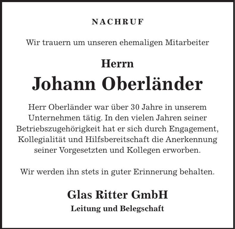 Traueranzeige Johann Oberländer