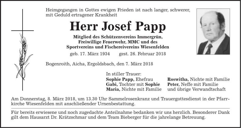 Traueranzeige Josef Papp