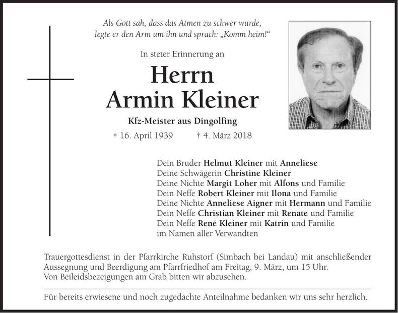 Traueranzeige Armin Kleiner