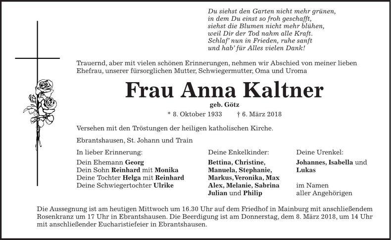 Traueranzeige Anna Kaltner