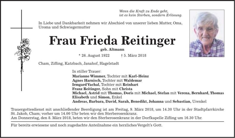 Traueranzeige Frieda Reitinger