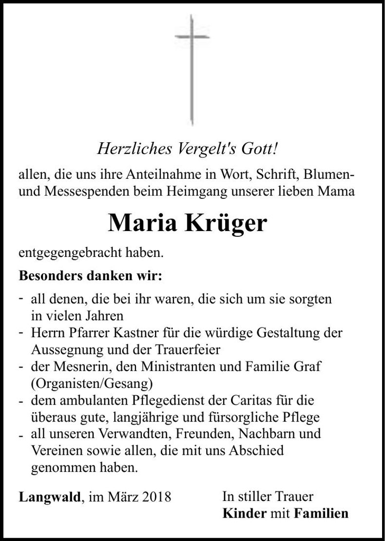 Traueranzeige Maria Krüger