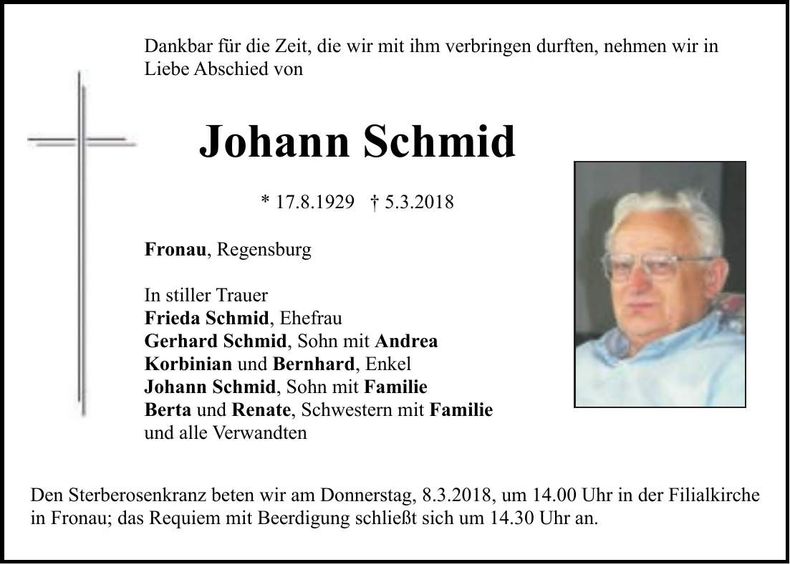 Traueranzeige Johann Schmid