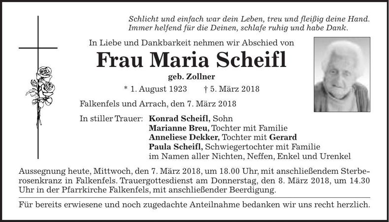 Traueranzeige Maria Scheifl