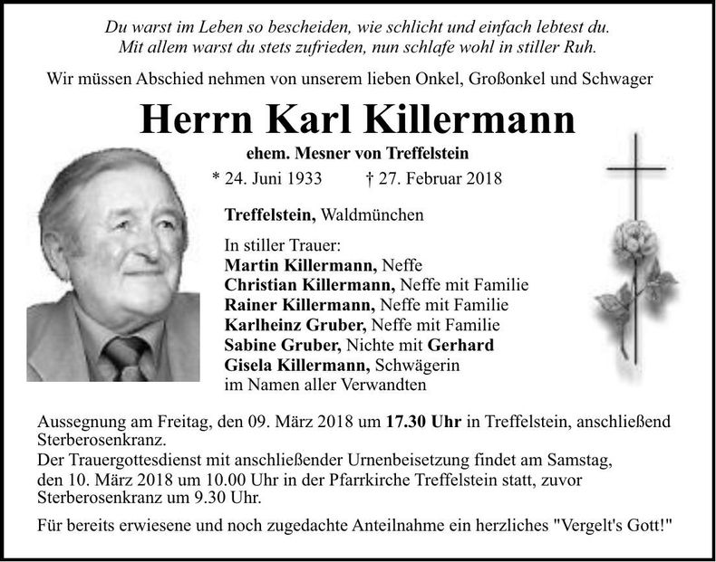 Traueranzeige Karl Killermann