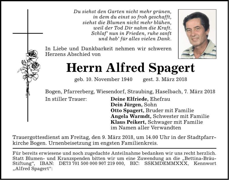 Traueranzeige Alfred Spagert