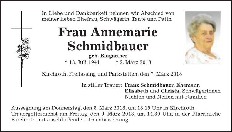 Traueranzeige Annemarie Schmidbauer