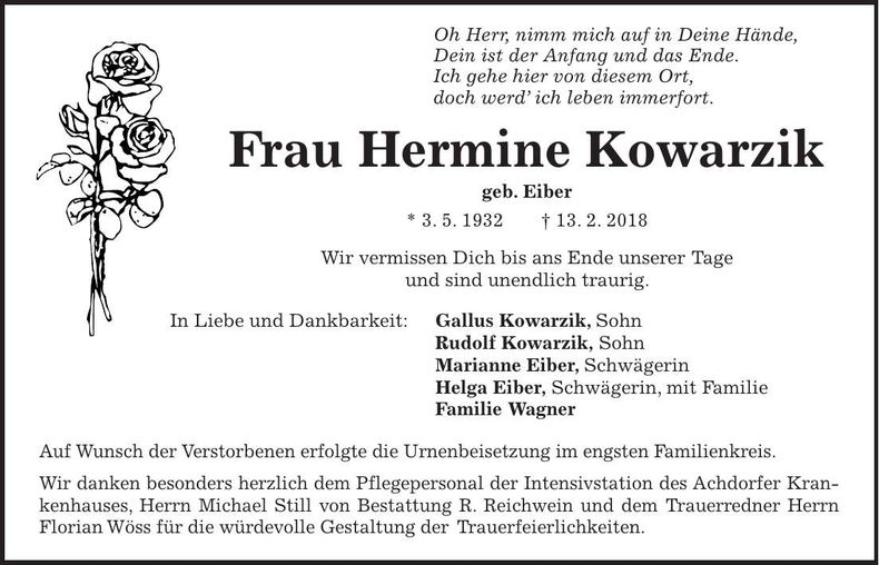 Traueranzeige Hermine Kowarzik