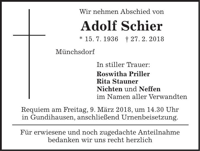 Traueranzeige Adolf Schier