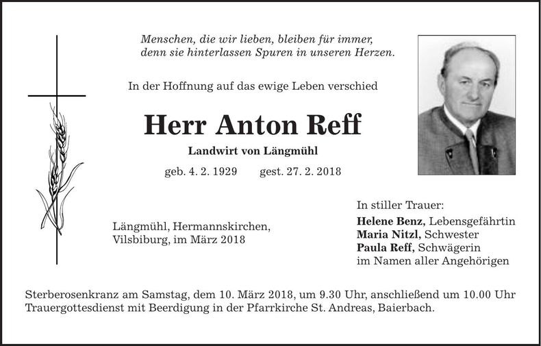 Traueranzeige Anton Reff