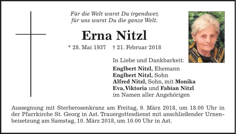 Traueranzeige Erna Nitzl