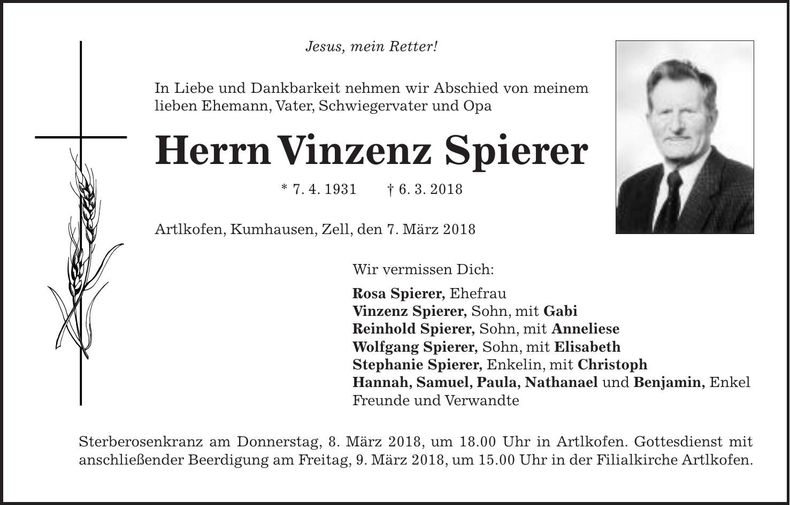 Traueranzeige Vinzenz Spierer
