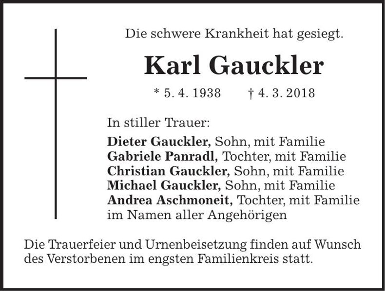 Traueranzeige Karl Gauckler