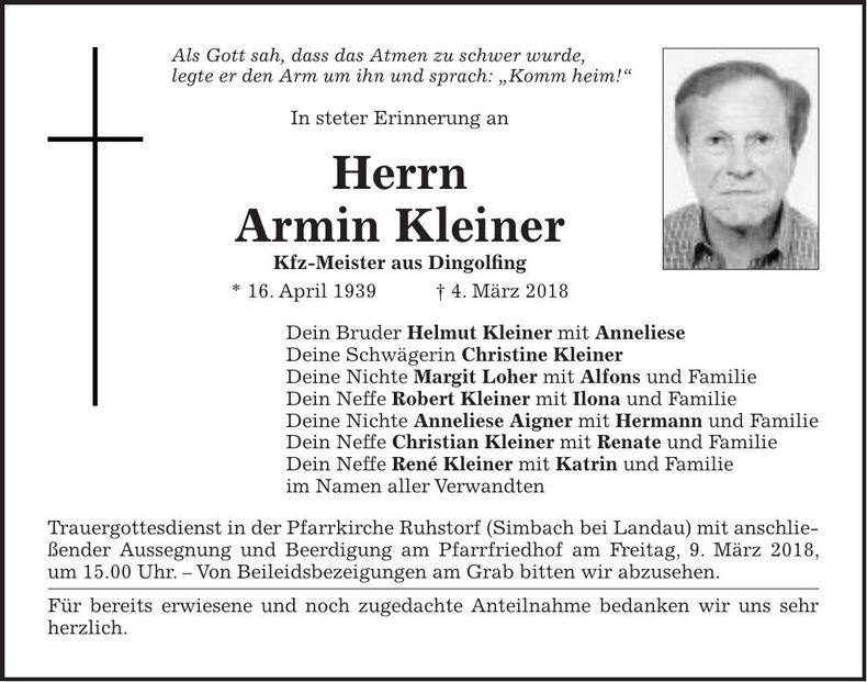 Traueranzeige Armin Kleiner