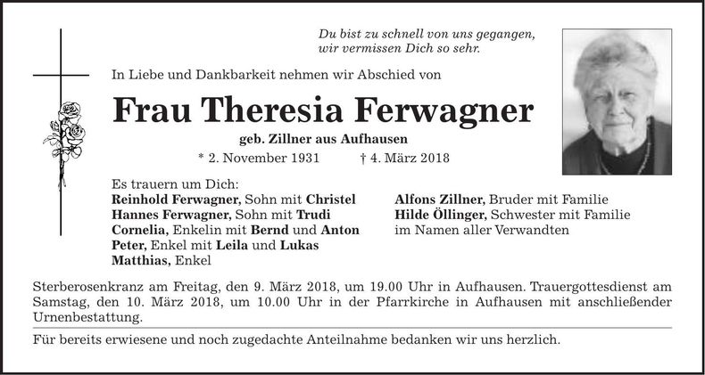 Traueranzeige Theresia Ferwagner