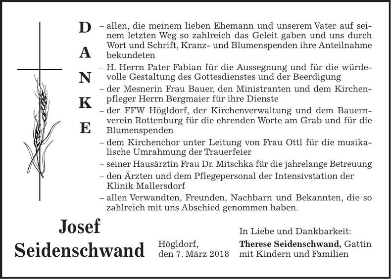 Traueranzeige Josef Seidenschwand