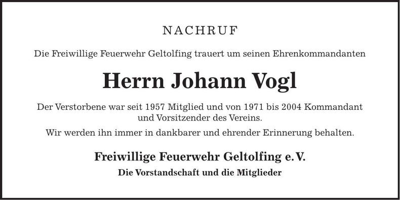 Traueranzeige Johann Vogl