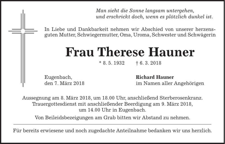 Traueranzeige Therese Hauner