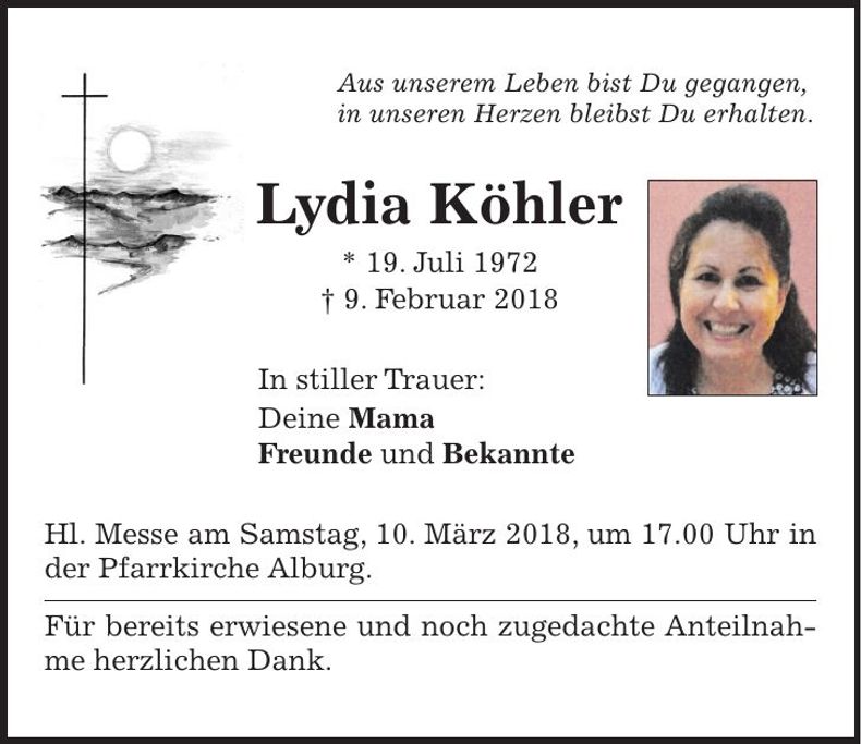 Traueranzeige Lydia Köhler