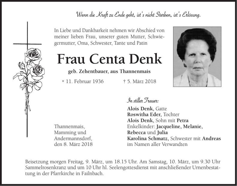 Traueranzeige Centa Denk