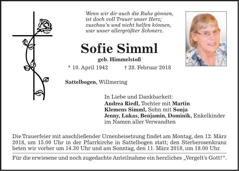 Traueranzeige Sofie Simml