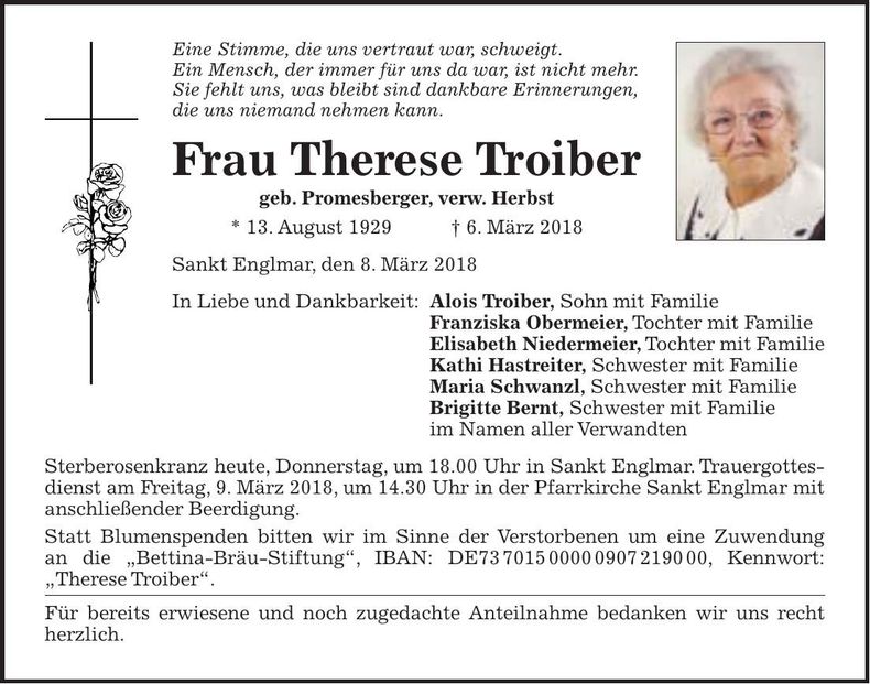 Traueranzeige Therese Troiber