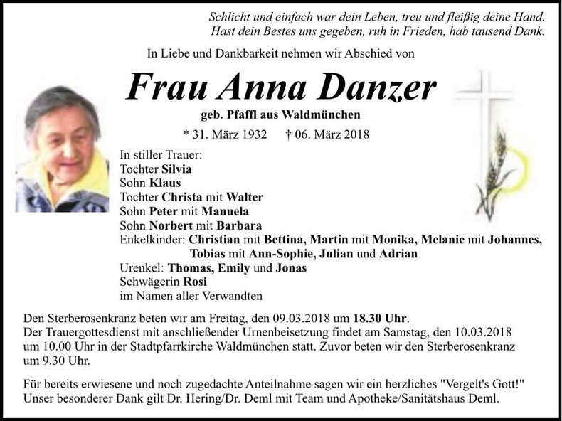 Traueranzeige Anna Danzer