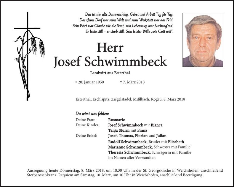 Traueranzeige Josef Schwimmbeck