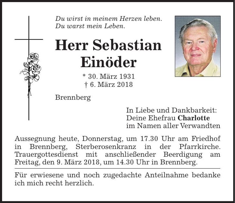 Traueranzeige Sebastian Einöder