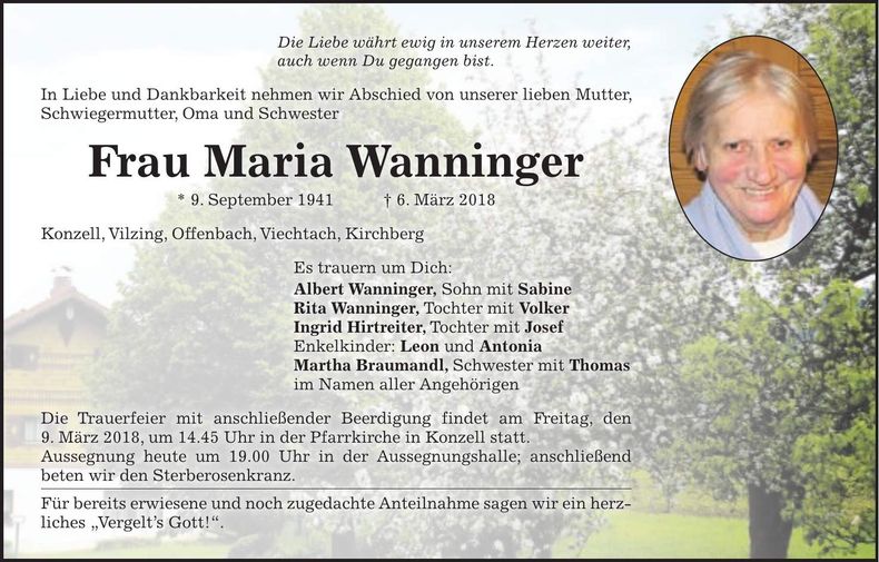 Traueranzeige Maria Wanninger