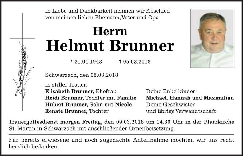 Traueranzeige Helmut Brunner