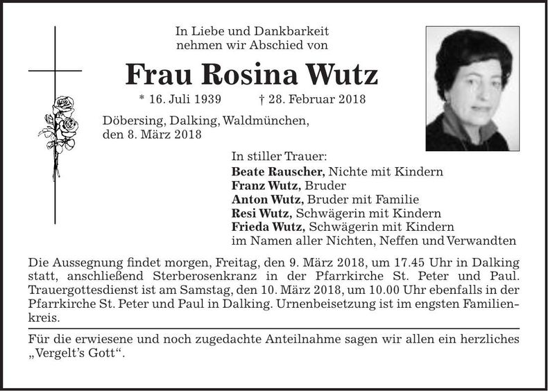 Traueranzeige Rosina Wutz
