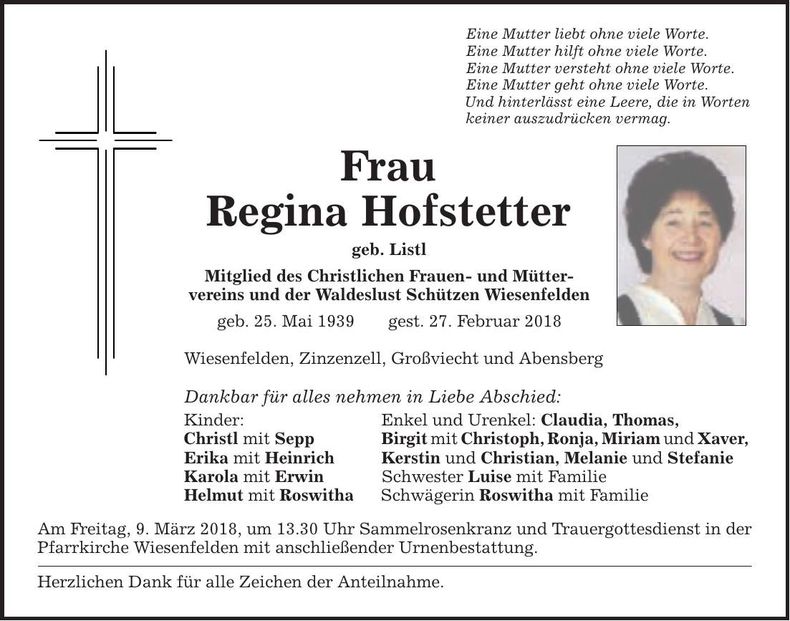 Traueranzeige Regina Hofstetter