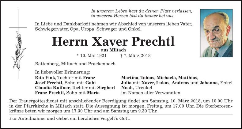 Traueranzeige Xaver Prechtl