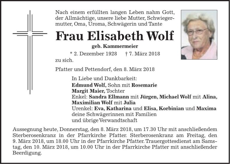 Traueranzeige Elisabeth Wolf
