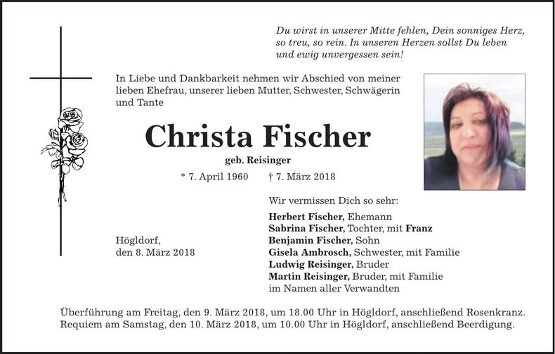 Traueranzeige Christa Fischer