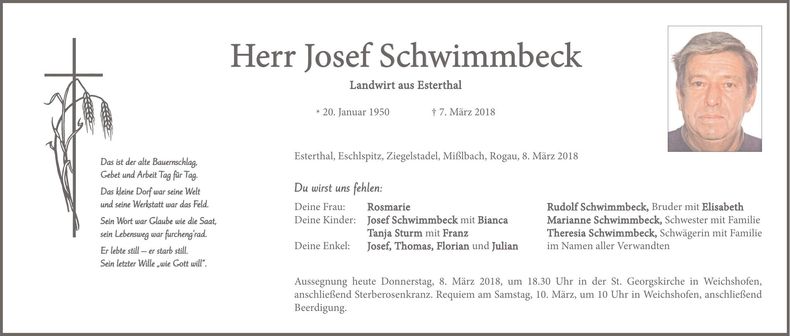 Traueranzeige Josef Schwimmbeck