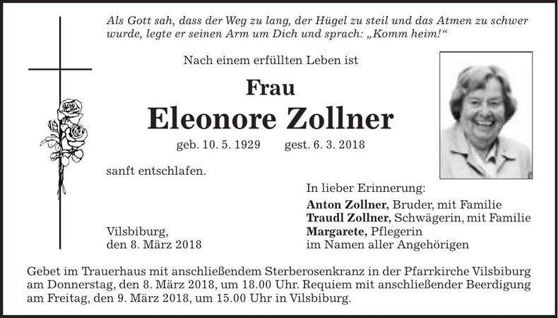 Traueranzeige Eleonore Zollner
