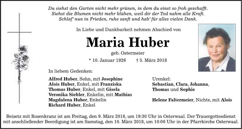 Traueranzeige Maria Huber