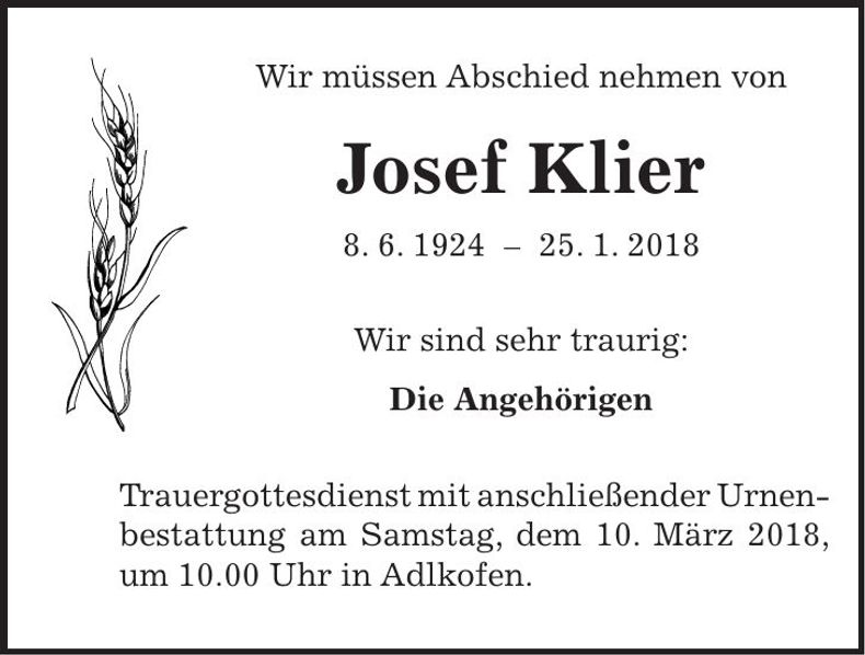 Traueranzeige Josef Klier