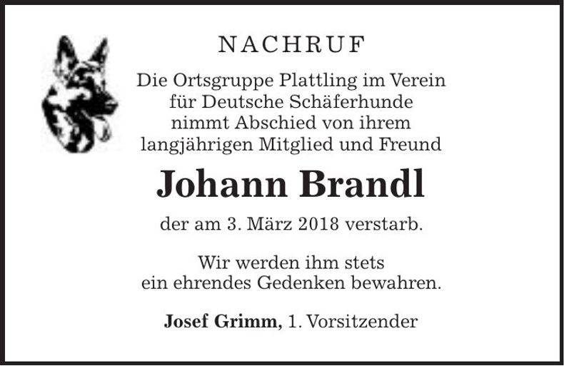 Traueranzeige Johann Brandl