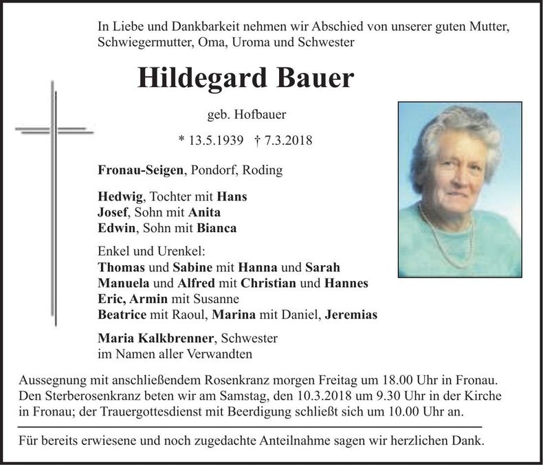Traueranzeige Hildegard Bauer