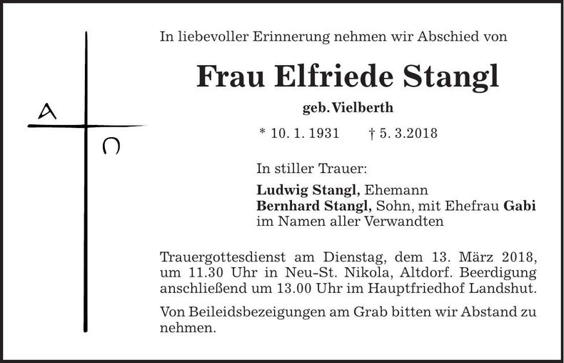 Traueranzeige Elfriede Stangl