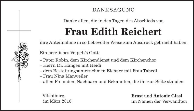 Traueranzeige Edith Reichert