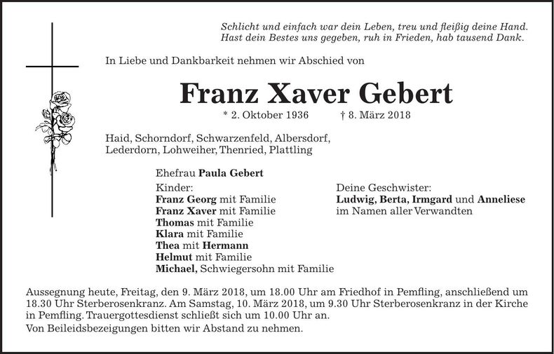 Traueranzeige Franz Xaver Gebert