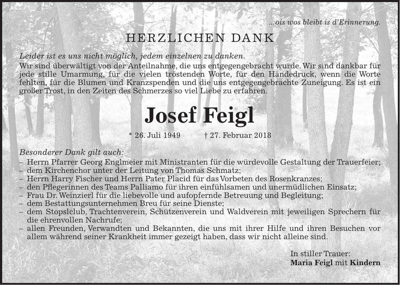 Traueranzeige Josef Feigl