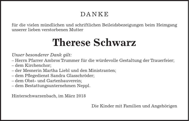 Traueranzeige Therese Schwarz