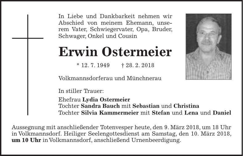 Traueranzeige Erwin Ostermeier