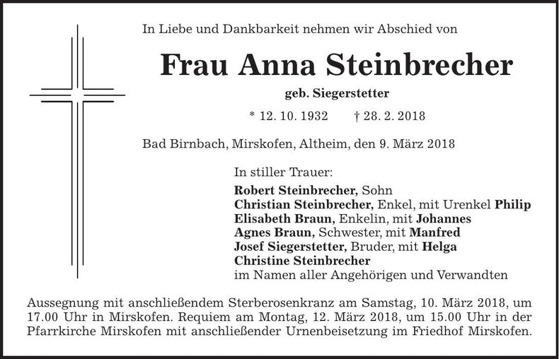 Traueranzeige Anna Steinbrecher