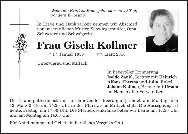 Traueranzeige Gisela Kollmer